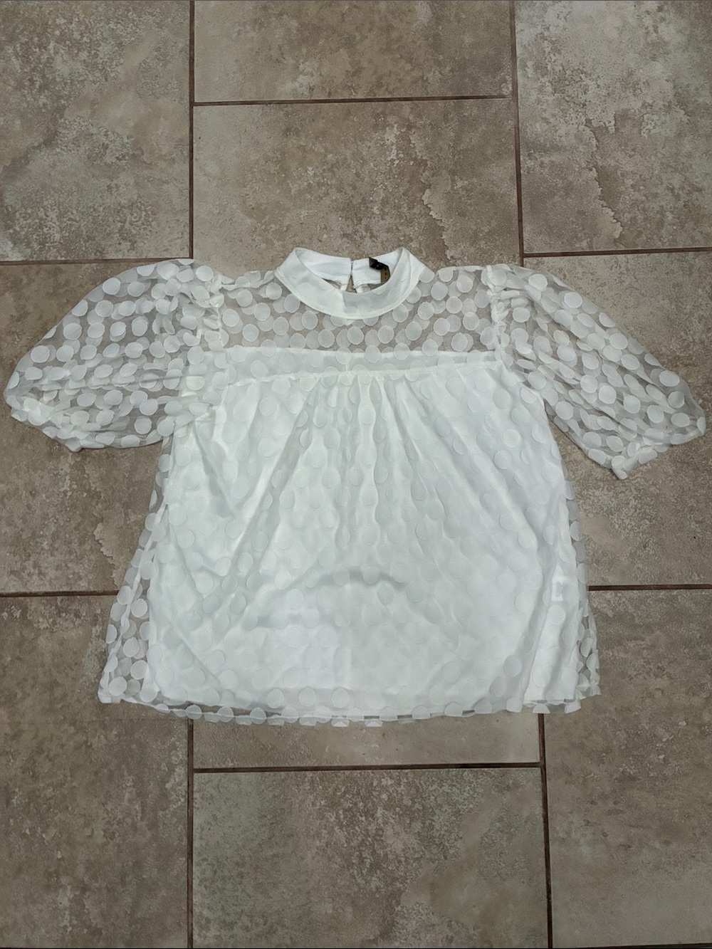 Luna Claire White Sheer Dot Puff-Sleeve Blouse